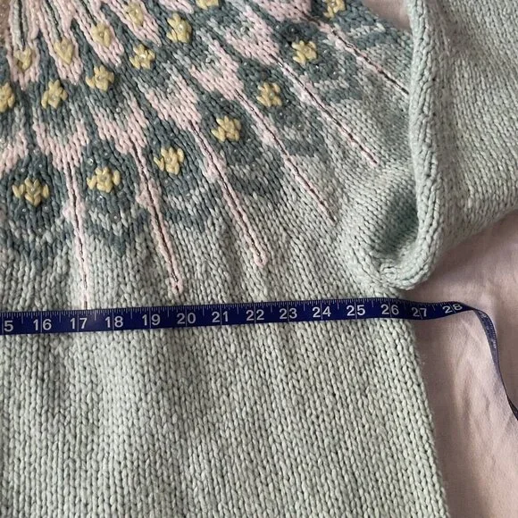 Handmade Womens Knit Cardigan With Floral Yoke Design Size M Pastel Mint Green & - Picture 3 of 8